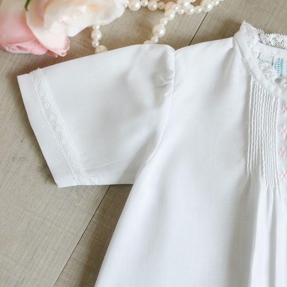 Newborn White Day Gown Pink Embroidery Feltman Brothers Lace Pin Tucks NEW - Picture 3 of 5
